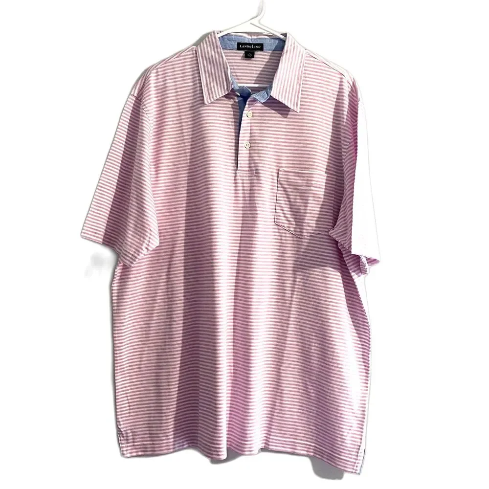 Lands' End Cotton‎ Linen Blend Polo Shirt Pastel Pink Stripe Size XL